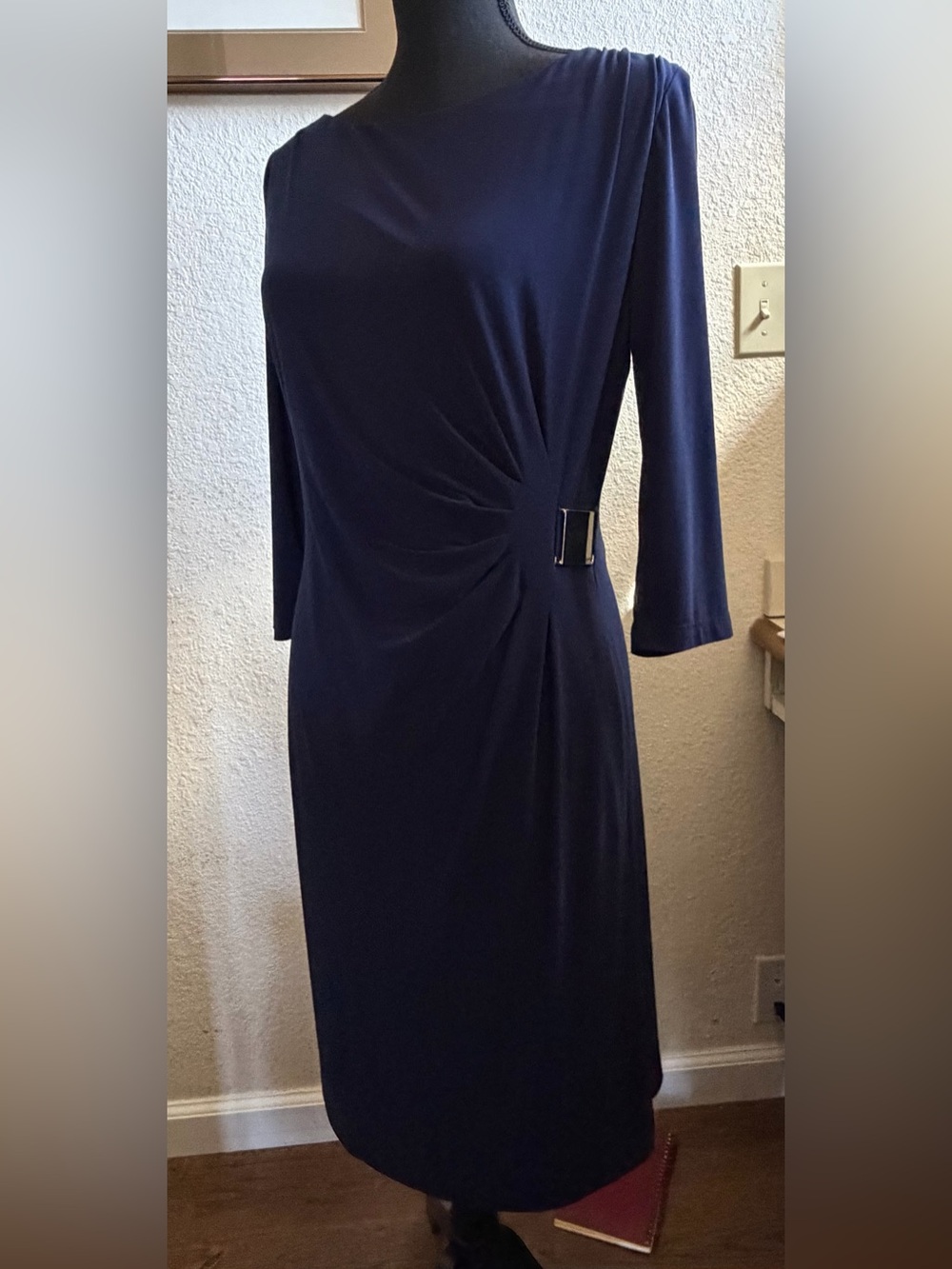 Jessica Howard Navy Dress, Draped at the waist with Gold Detail